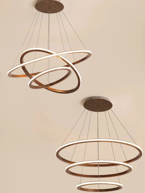 lustre moderne en bois led avec anneau en noyer rétro
