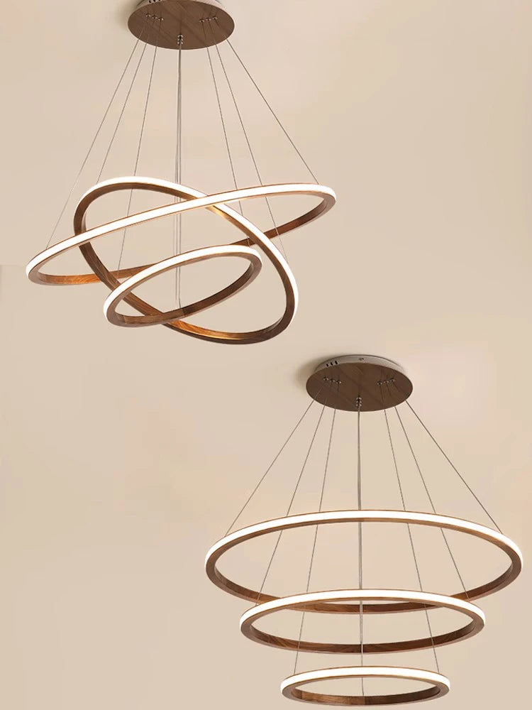 lustre moderne en bois led avec anneau en noyer rétro - vue 6 sur 14