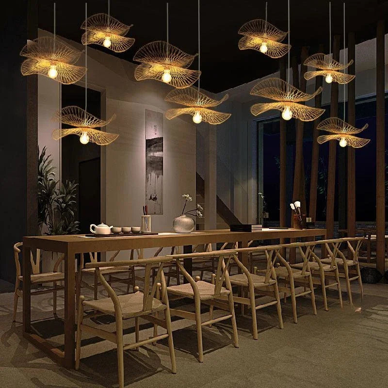 lustre chinois fait main en bambou avec éclairage led suspendu - vue 5 sur 7