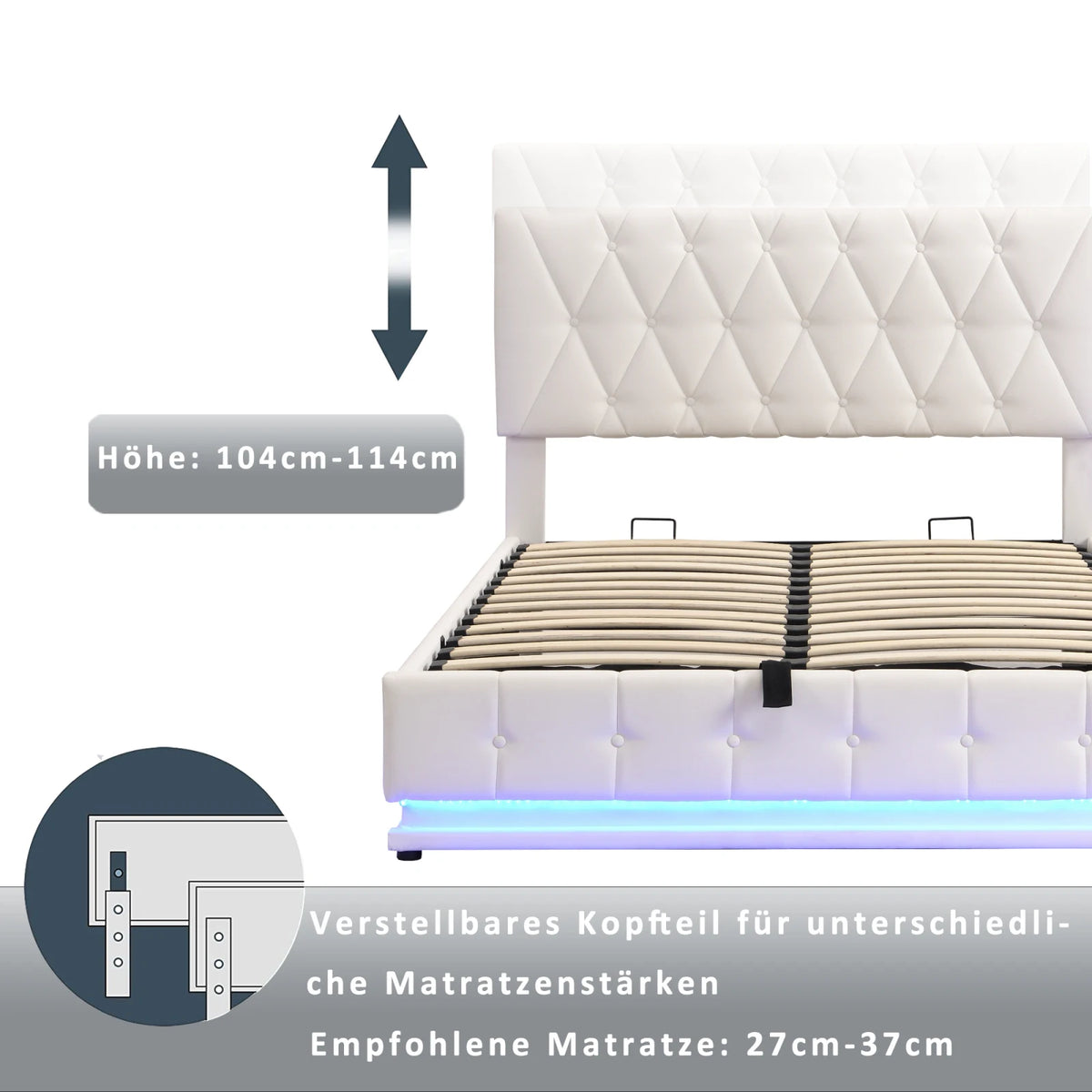 Upholstered Bed 140 x 200 cm with LED Lighting, Double Bed with Slatted Frame and Storage Space,No Mattresses - vue 6 sur 7