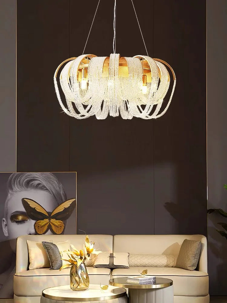 lustre nordique moderne en cristal avec led et glands - vue 5 sur 14