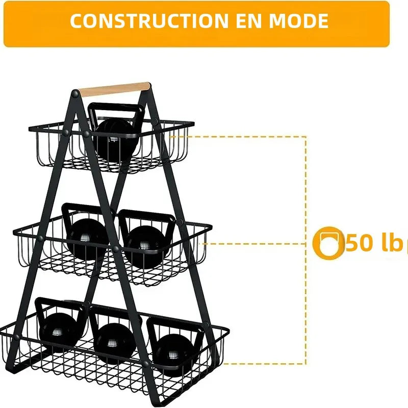 corbeille à fruits en métal à trois niveaux pour rangement de légumes - vue 5 sur 10