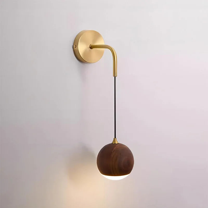 Walnut Wood Round ball Wall light, Wabi-sabi Modern style, Wall Sconces for Bedroom, Living, Corridor, Aisle balcony, Entrance - vue 6 sur 7