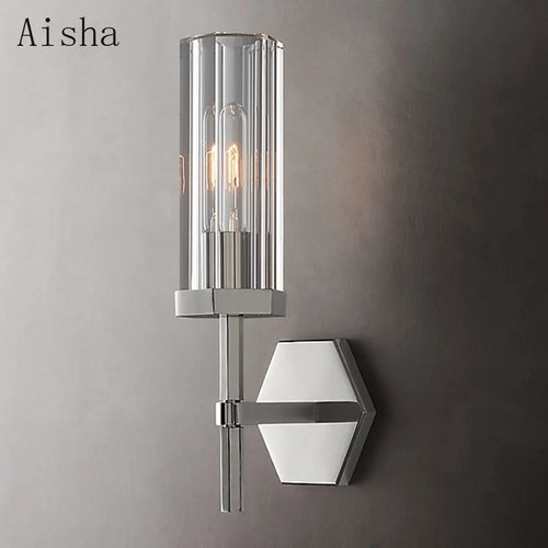 Amerikanische LED-Wandleuchte mit Kristall-Lampenschirm und goldfarbenem Metall - vue 3 sur 11
