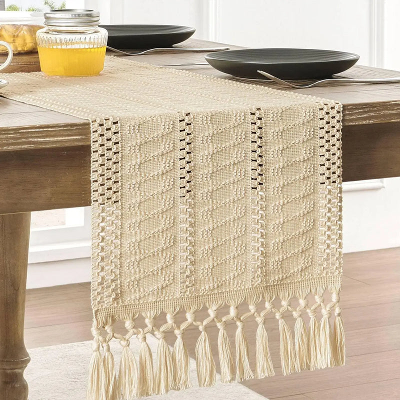 Chemin de table macrame boheme ivoire franges