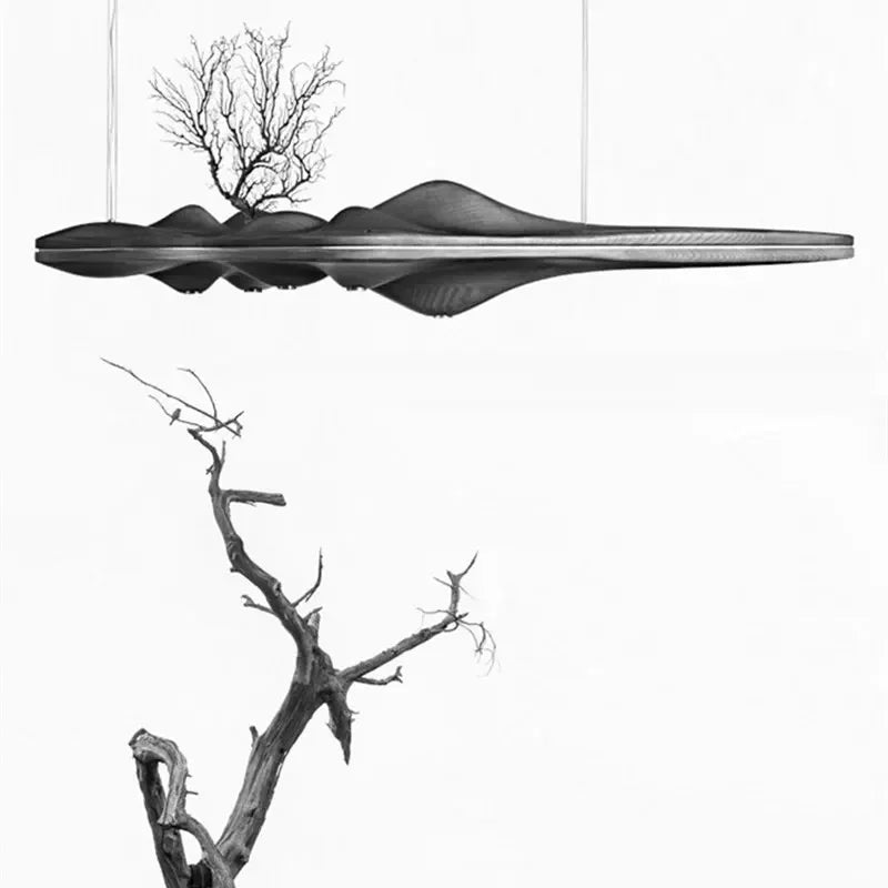 Lustre nordique moderne résine bois massif éclairage décoratif intérieur - vue 5 sur 9