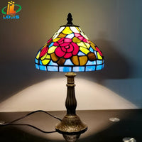 Nachttischlampe im Tiffany-Stil mit roten emaillierten Blumen, antik