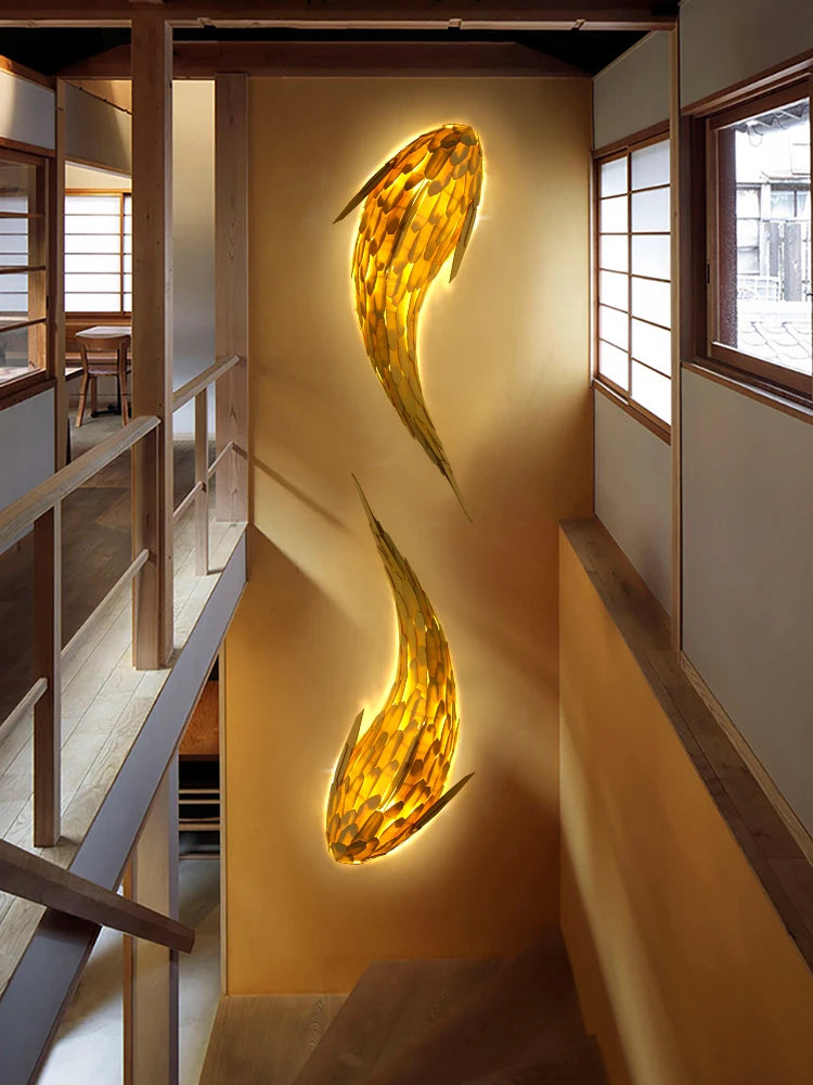 applique murale led bambou design nordique tissée main forme poisson - vue 6 sur 8