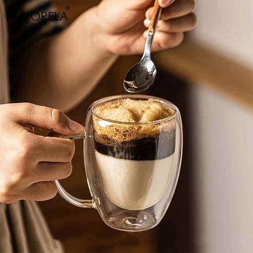 Lot tasses café double paroi verre anse 350ml