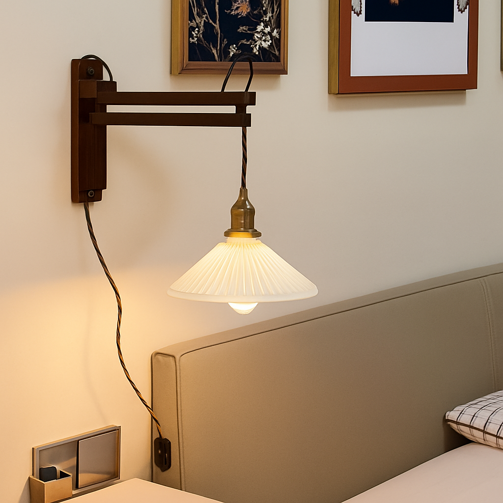 applique murale japonaise en bois vintage rétro abat-jour en céramique - vue 5 sur 17
