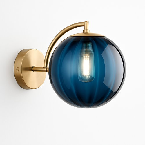 Applique murale LED avec tige dorée et boule en verre colorée