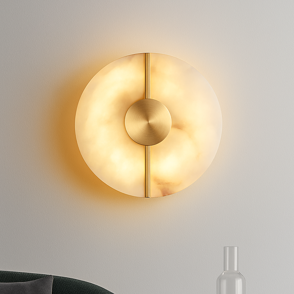 Applique murale LED ronde en marbre et cuivre doré - vue 3 sur 7