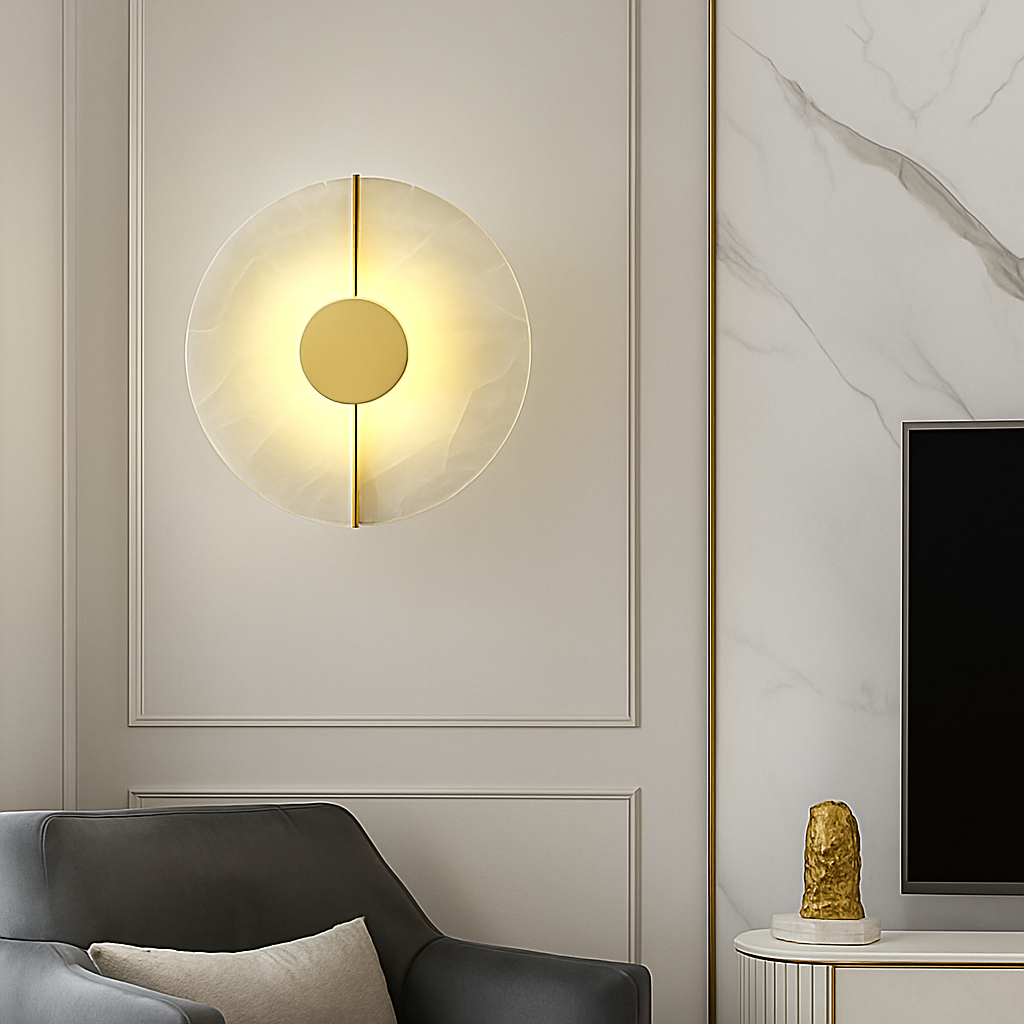 Applique murale LED ronde en marbre et cuivre doré - vue 4 sur 7