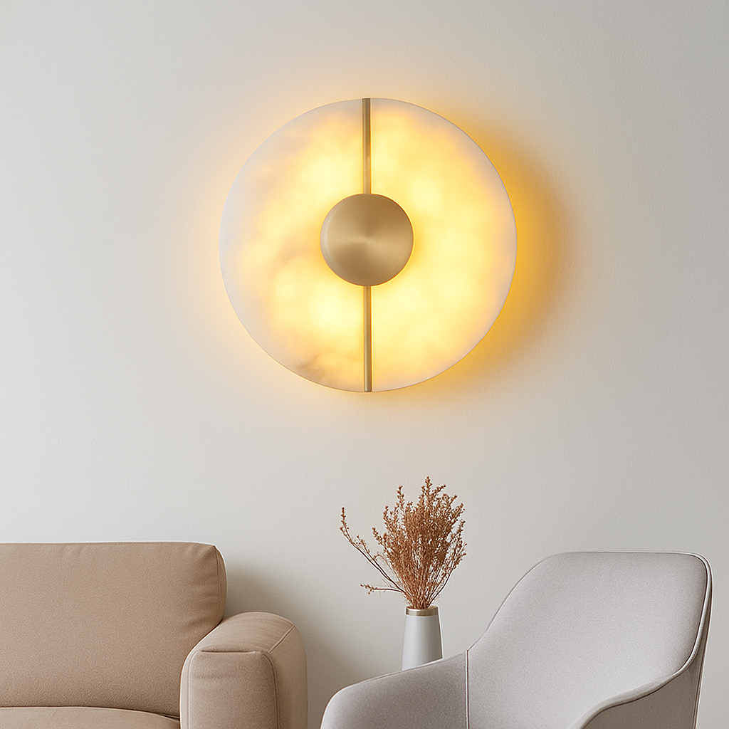 Applique murale LED ronde en marbre et cuivre doré - vue 4 sur 10