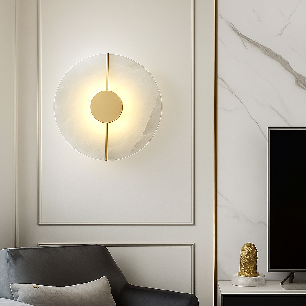 Applique murale LED ronde en marbre et cuivre doré - vue 7 sur 10