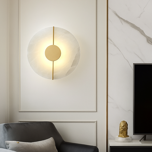 Applique murale LED ronde en marbre et cuivre doré
