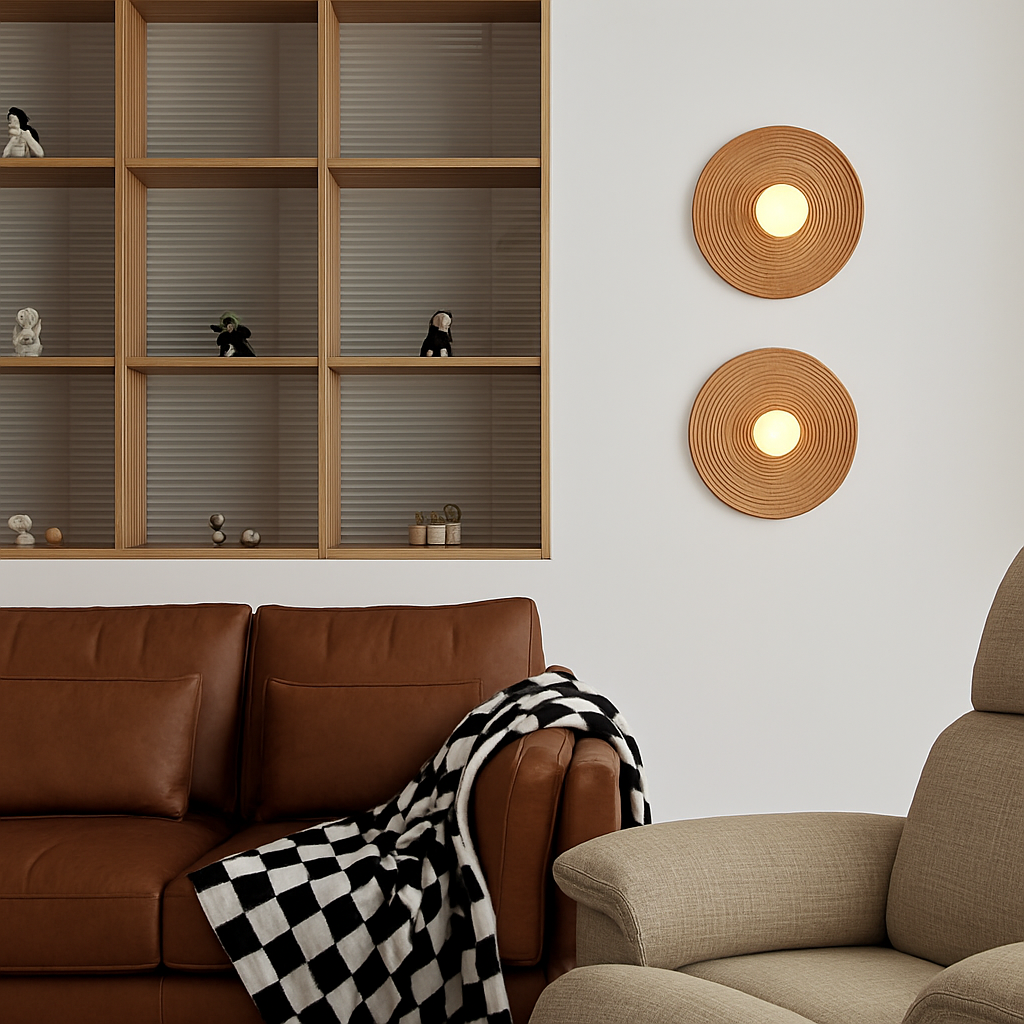 applique murale ronde en bois avec éclairage blanc pour hôtel boutique - vue 6 sur 8