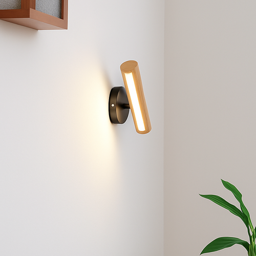 Minimalistische drehbare Wandleuchte aus Holz mit LED-Schalter - vue 4 sur 8