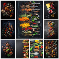 art mural moderne herbes de cuisine et ustensiles de sushi