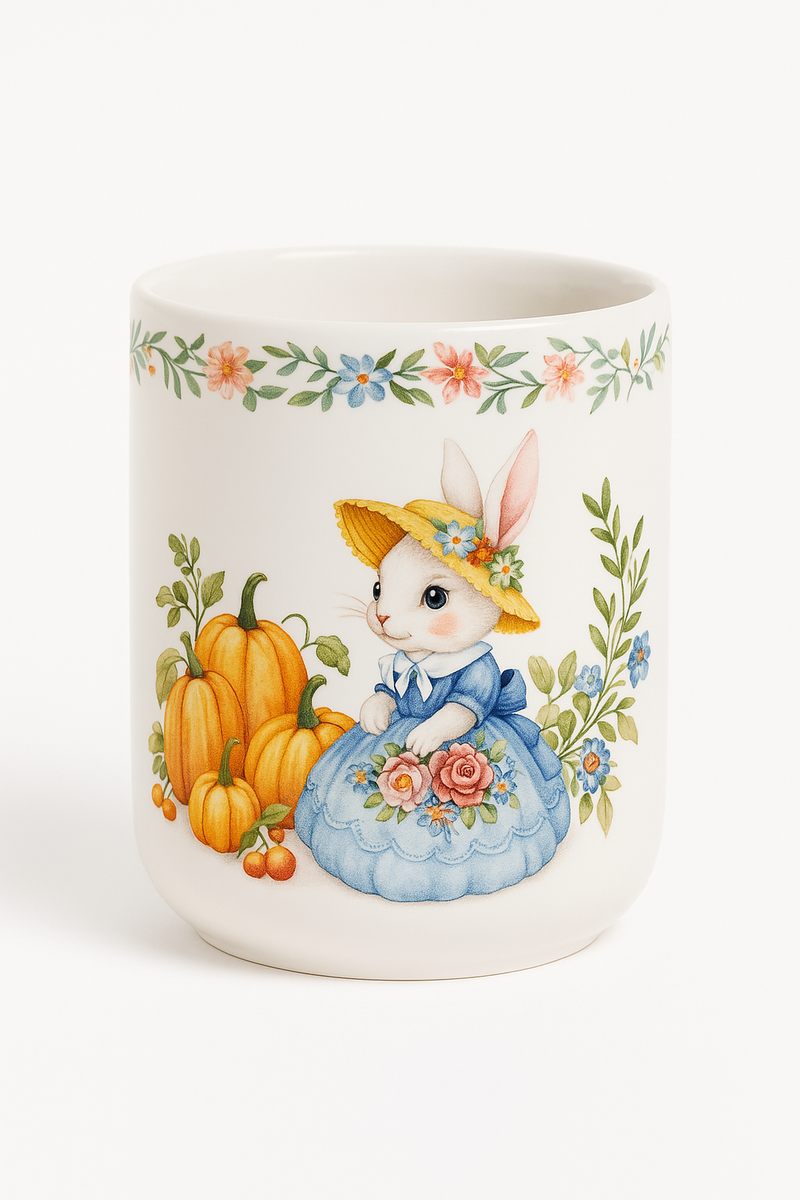 Assiette céramique motif citrouille et lapin style jardin