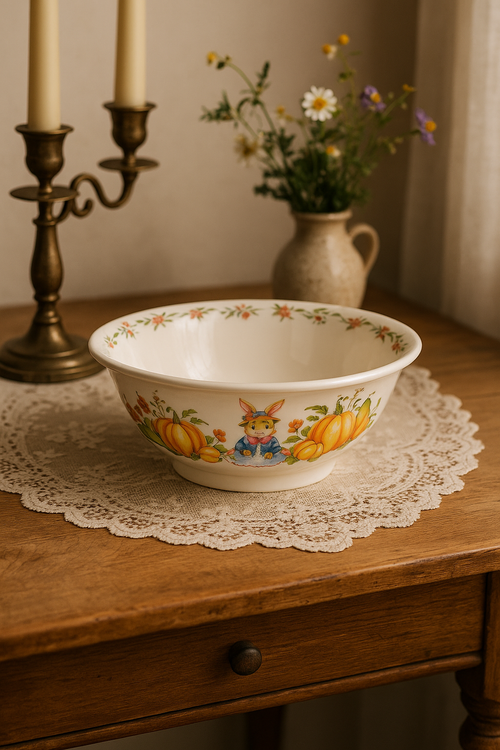 Assiette ceramique motif citrouille lapin style jardin