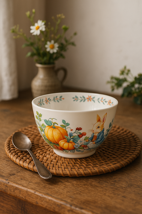 Assiette ceramique motif citrouille lapin style jardin