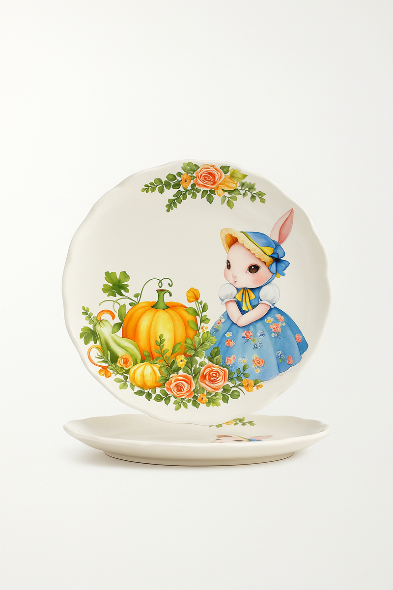 Assiette céramique style jardin motifs lapin citrouille
