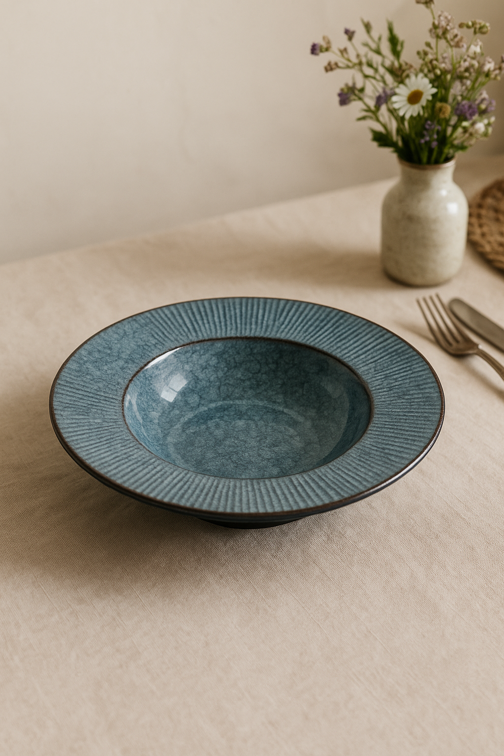 Assiette creuse céramique style chapeau paille japonais rayures - vue 3 sur 3