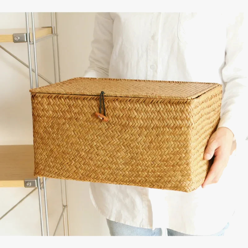 boîte de rangement tissée en jonc de mer pour produits de bain