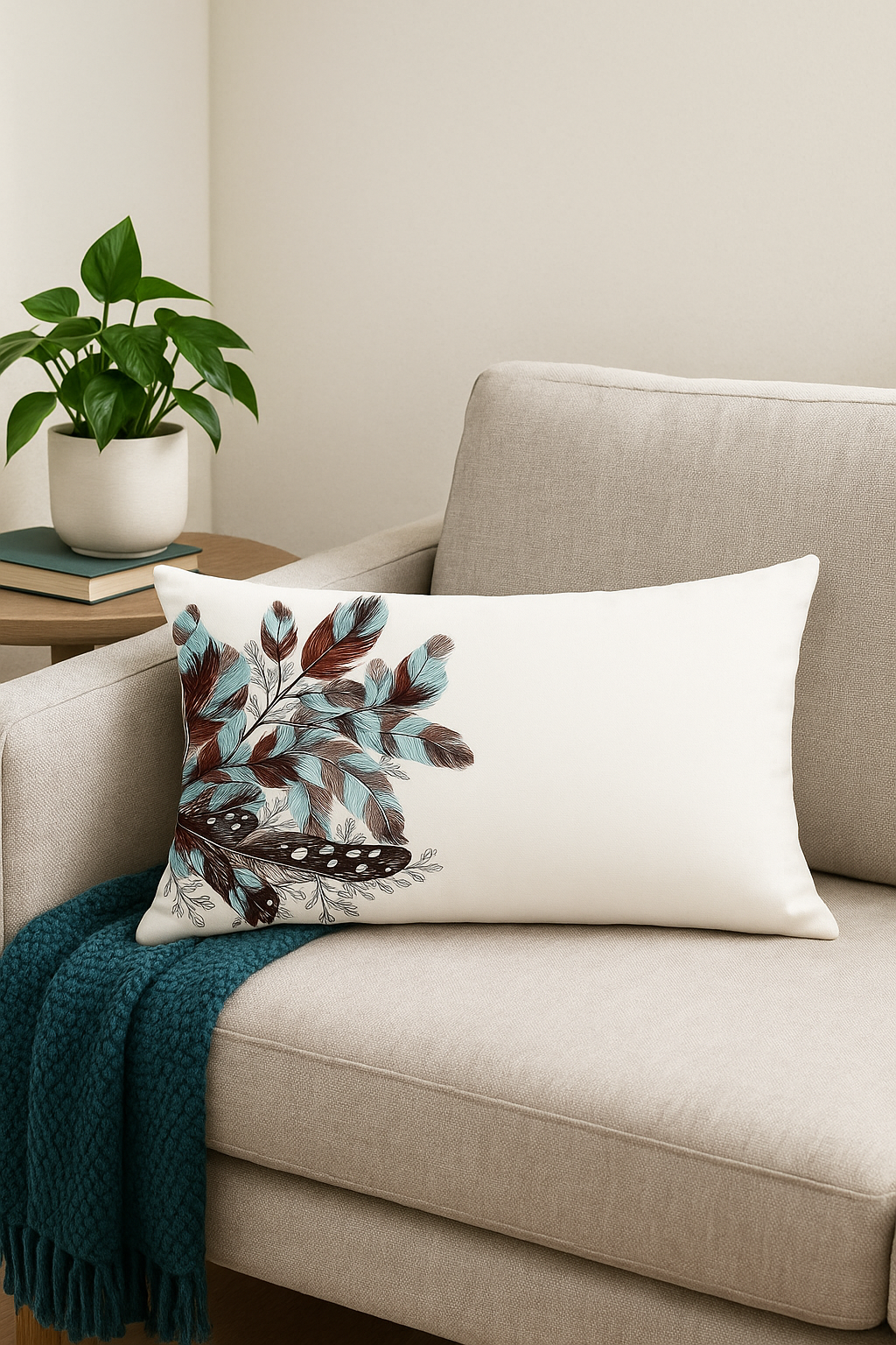 coussin décoratif rectangulaire motif plumes 30x50 cm