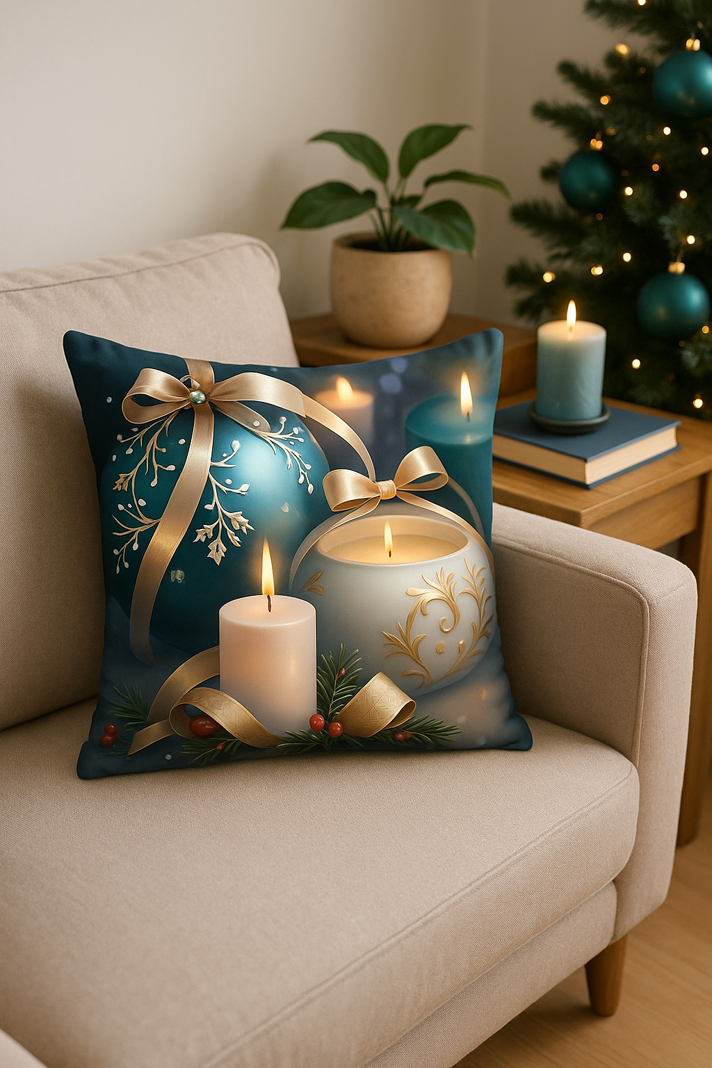 housse de coussin décorative avec boules de noël et nœud doré
