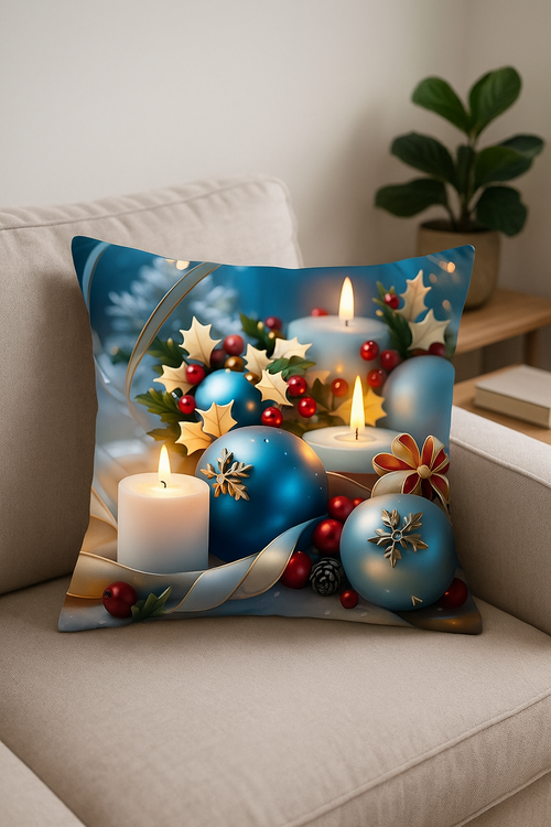 housse de coussin décorative boules de Noël et nœud doré
