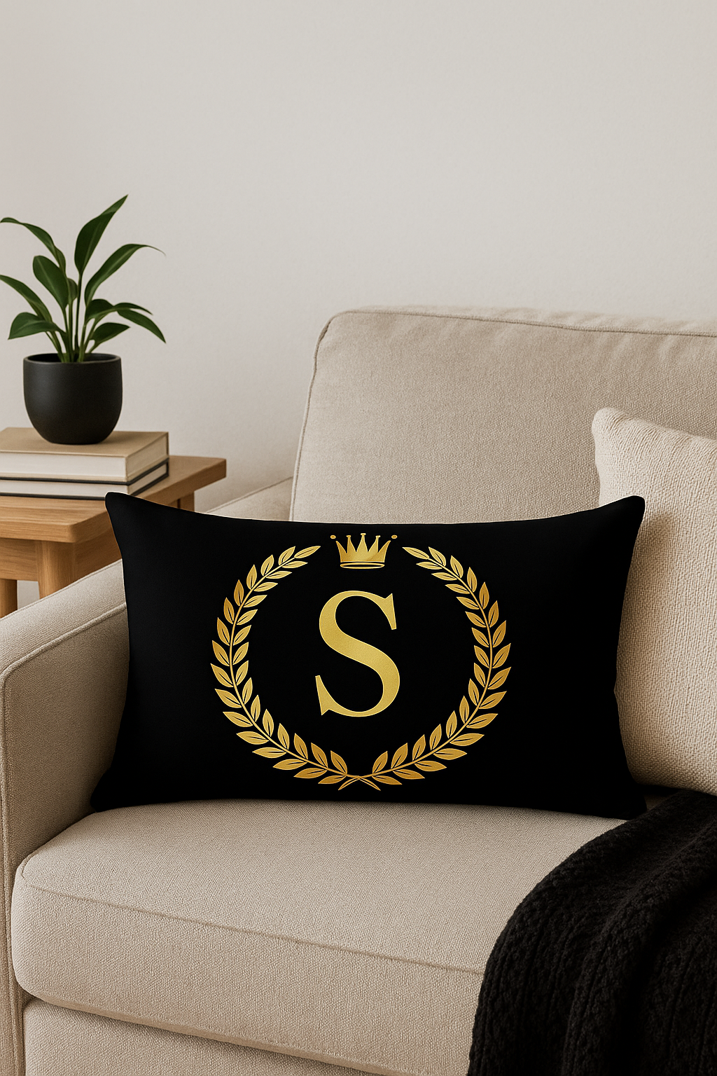 housse de coussin décorative motif lettres noires dorées