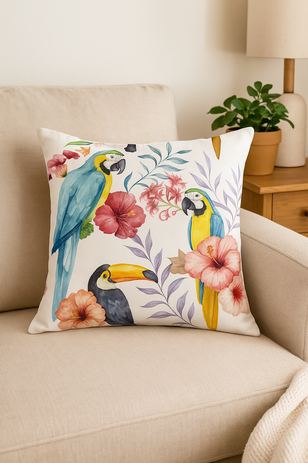 housse de coussin motif perroquet style tropical pour canapé