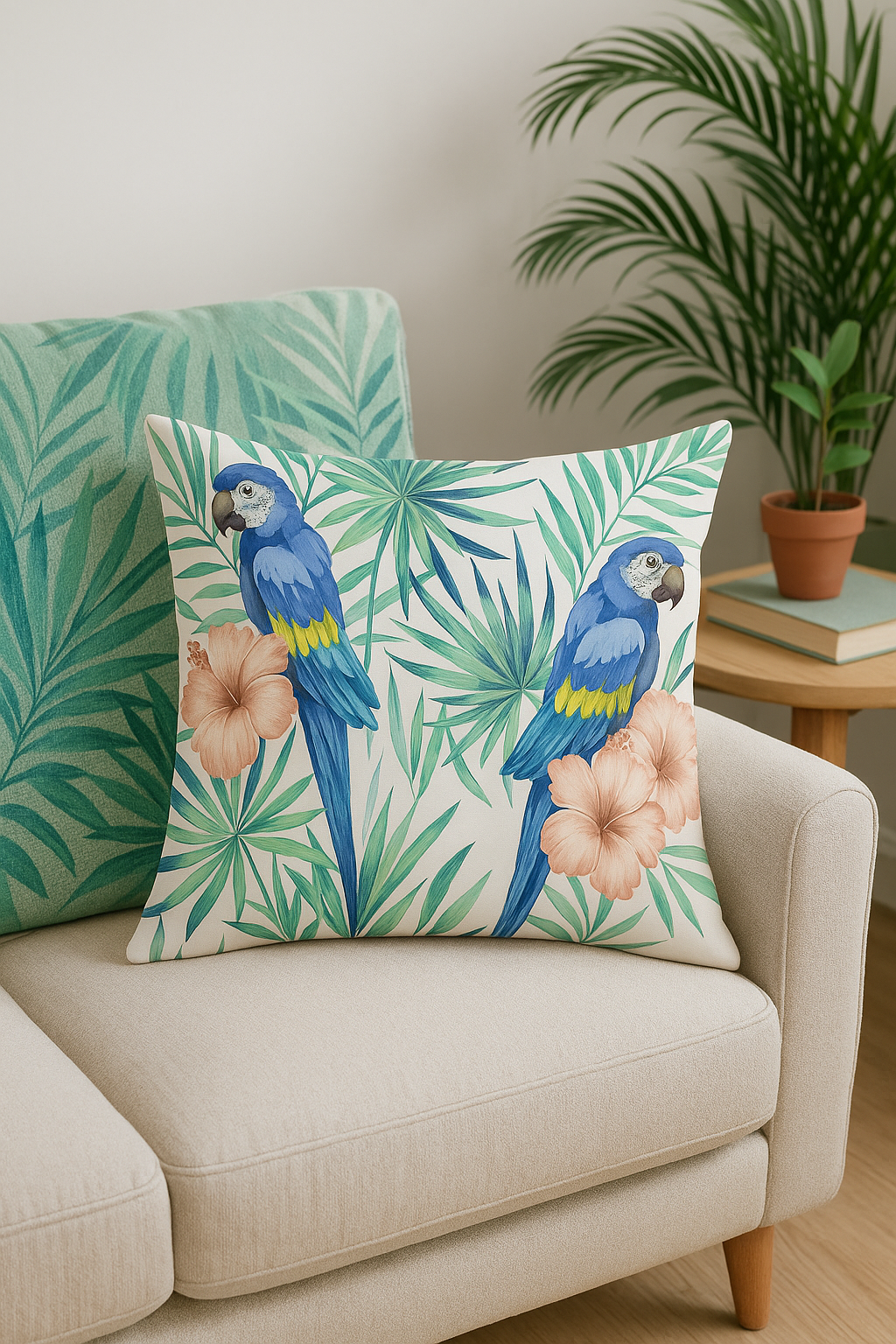 housse de coussin motif perroquet tropical pour salon