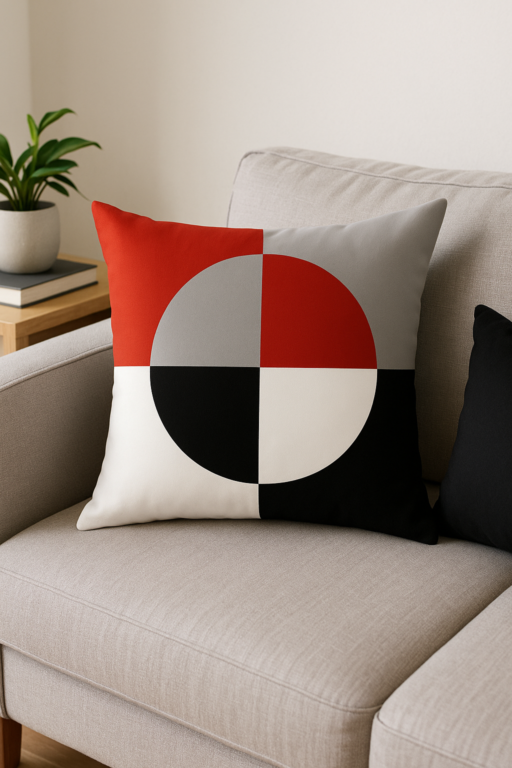 housse de coussin noire et rouge motif géométrique décoratif