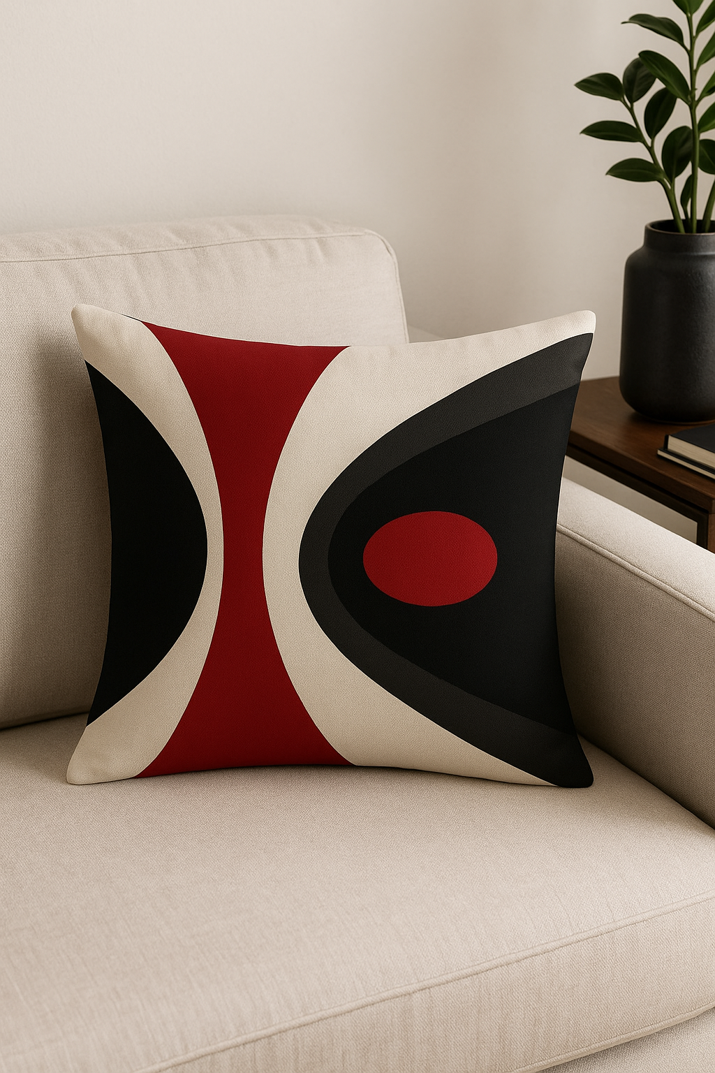 housse de coussin noire et rouge motif géométrique élégant