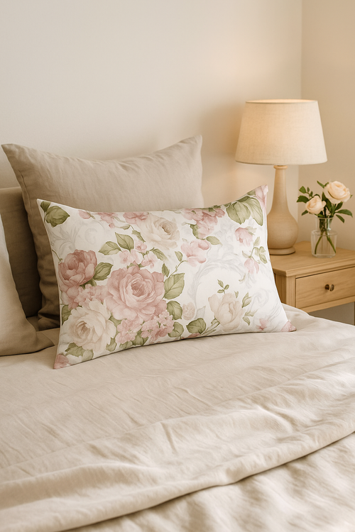 housse de coussin rectangulaire décorative fleurs rouges et roses arc-en-ciel