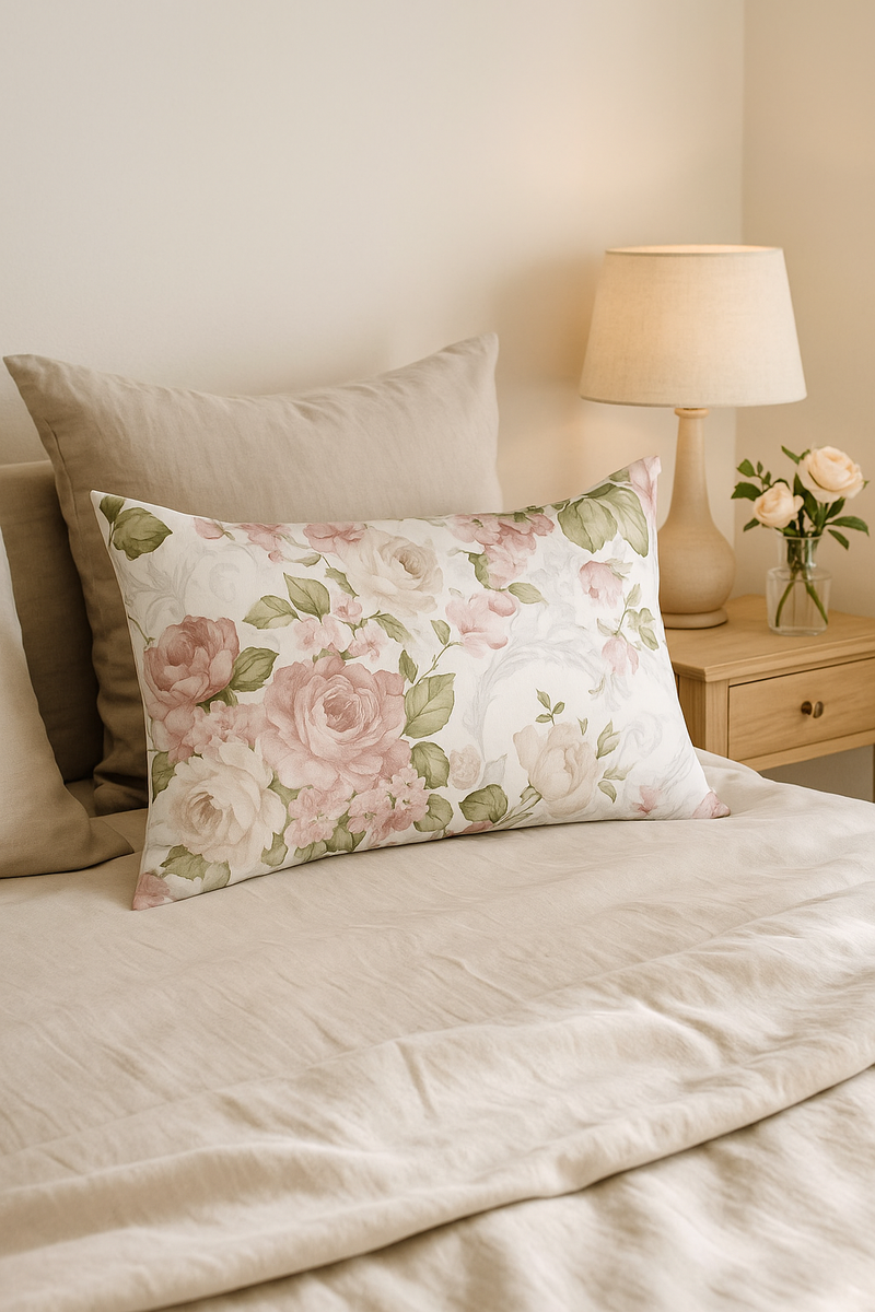 housse de coussin rectangulaire décorative fleurs rouges et roses arc-en-ciel