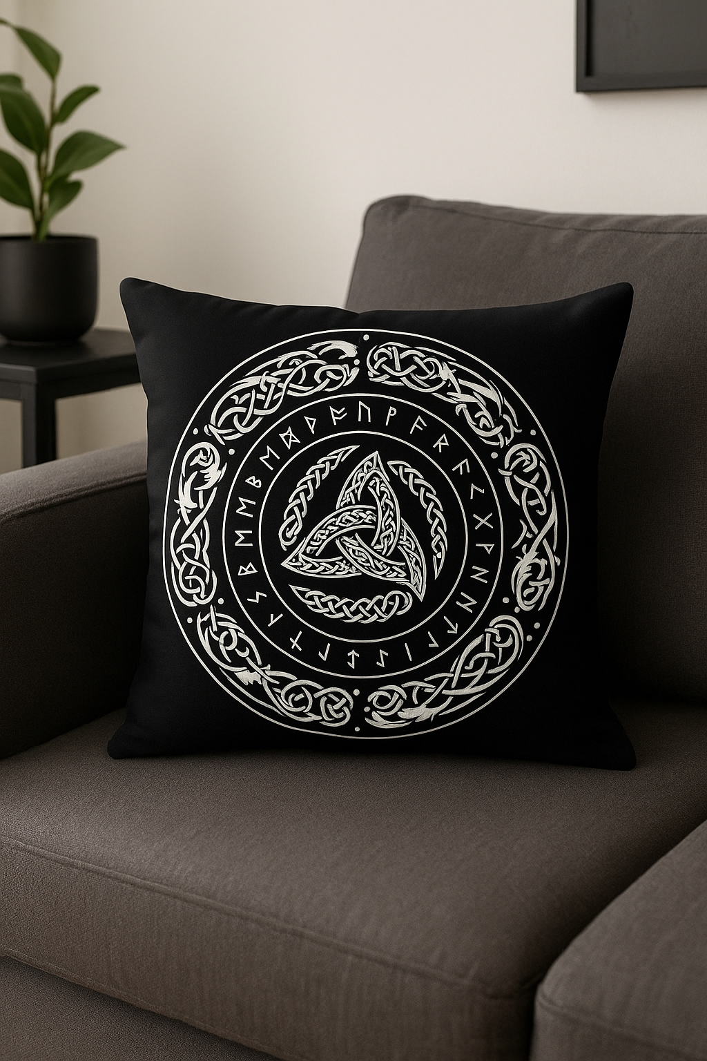 housse de coussin viking amulet motif géométrique noir et blanc