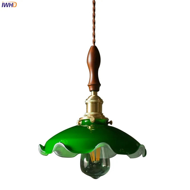 Suspension vintage style américain en cuivre bois et verre