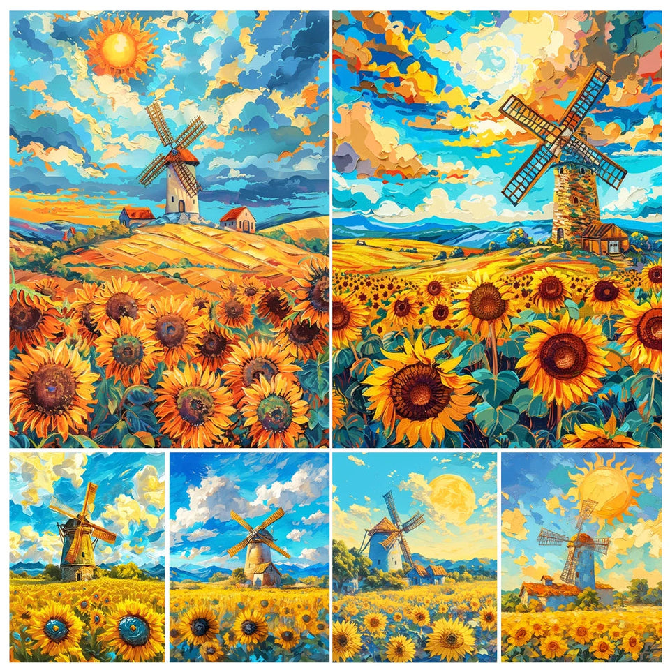 kit peinture par numéro champ de tournesols moulin à vent décoration artisanale