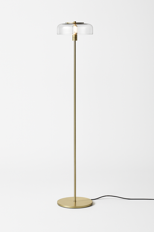 Lampadaire doré avec abat-jour en verre arrondi