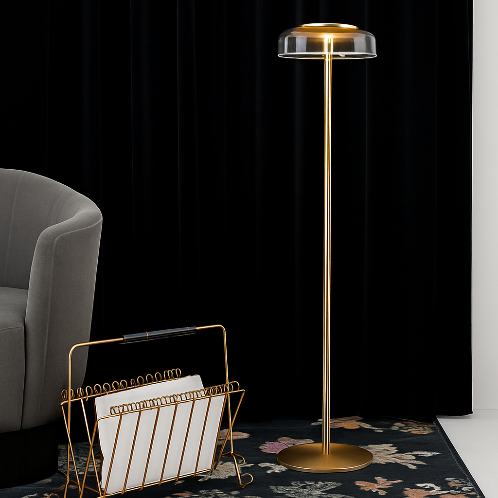 Lampadaire doré avec abat-jour en verre arrondi - vue 4 sur 5