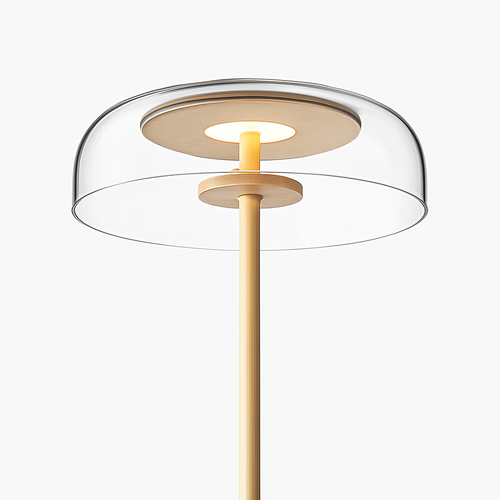 Lampadaire doré avec abat-jour en verre arrondi