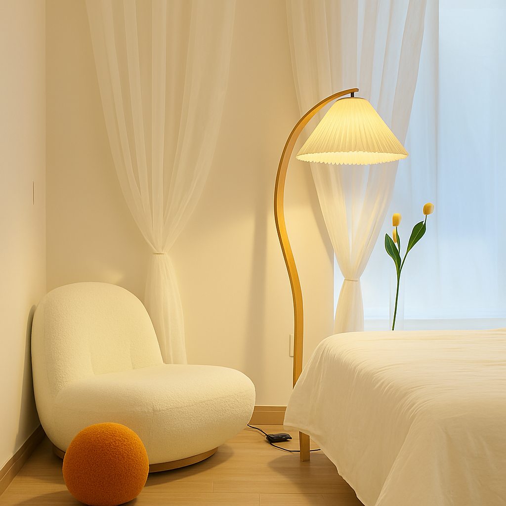 Lampadaire LED plissée en bois naturel et noyer - vue 7 sur 9