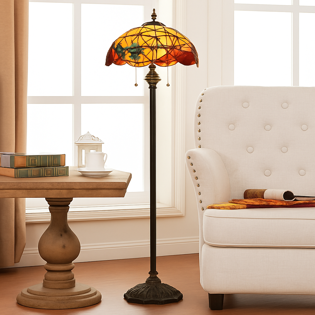 Lampadaire tiffany avec abat-jour en verre vitrail orange - vue 6 sur 5