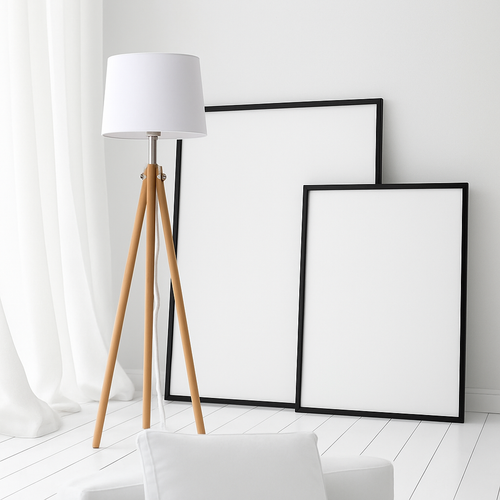 Lampadaire tripode en bois avec abat-jour en tissu Fabric