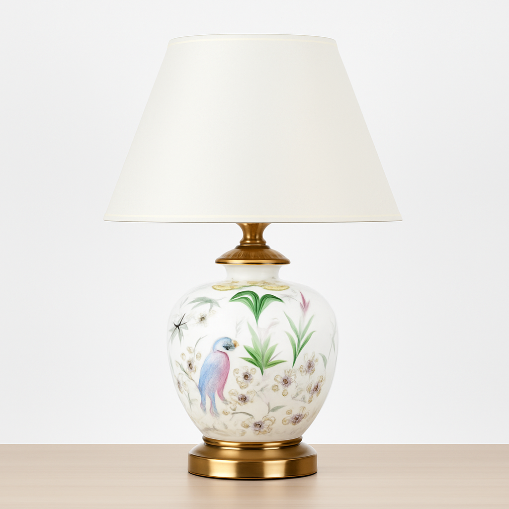 lampe de bureau céramique moderne motifs fleurs oiseaux décoration intérieure - vue 3 sur 9