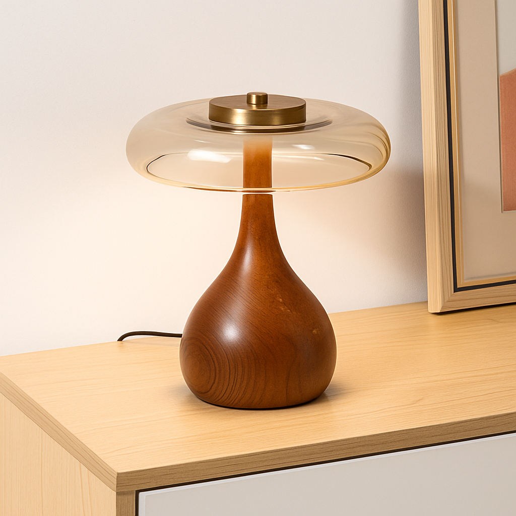 lampe de table rétro en verre et bois design japonais - vue 6 sur 8